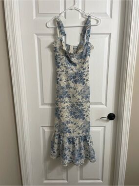 Chicwish Blue Floral Midi Dress with Ruffle Hem